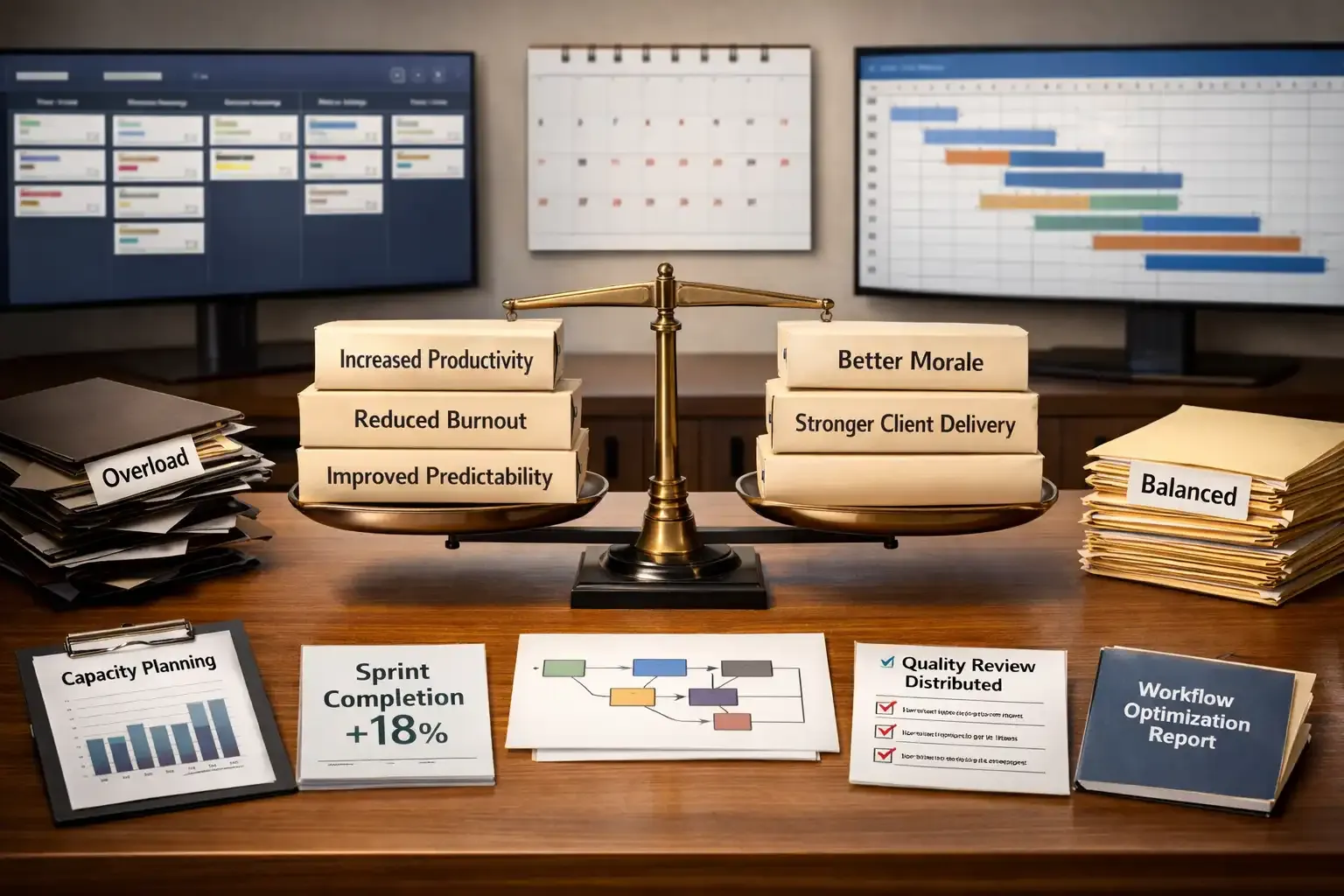Balanced scale on office desk showing even workload distribution